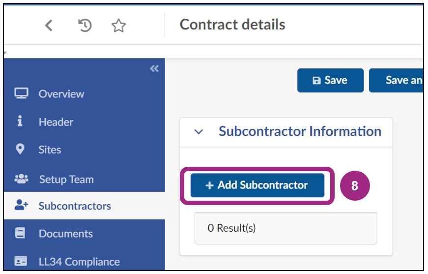 The Add Subcontractor button within the Subcontractor Information section.