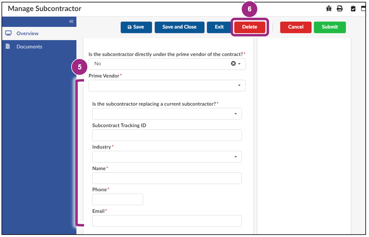 The Manage Subcontractor window.