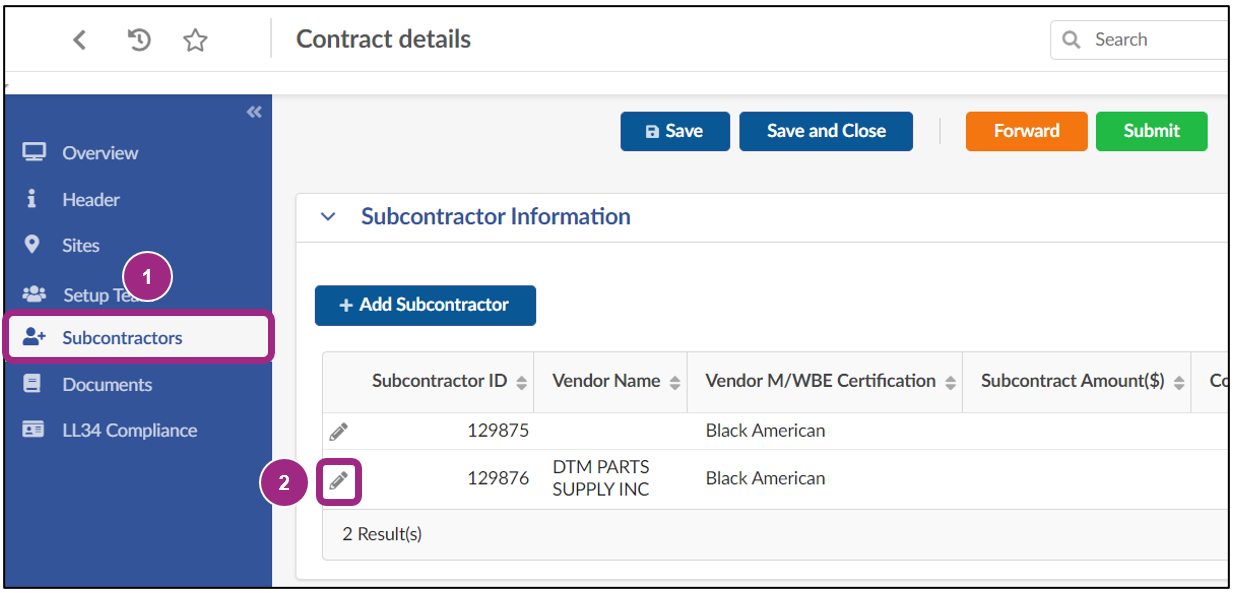 The Subcontractors tab. Two subcontractors are visible in the Subcontractor Information table.