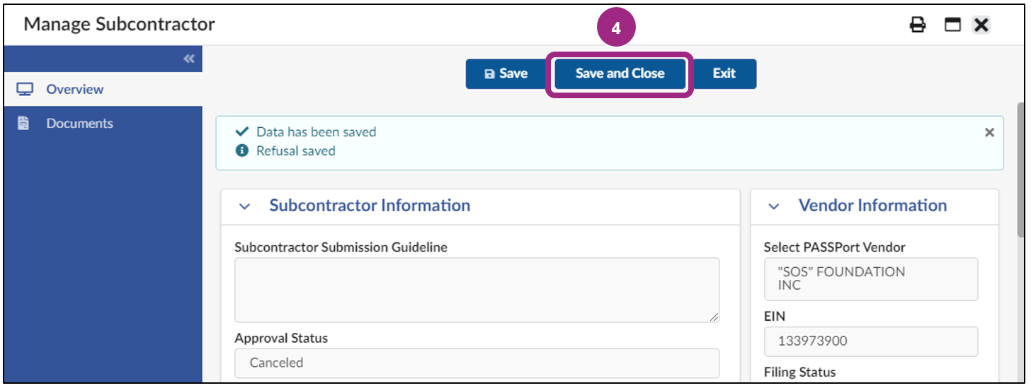 The Save and Close button at the top of the Manage Subcontractor window.