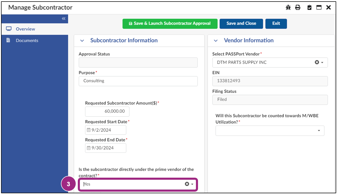 The Manage Subcontractor window.