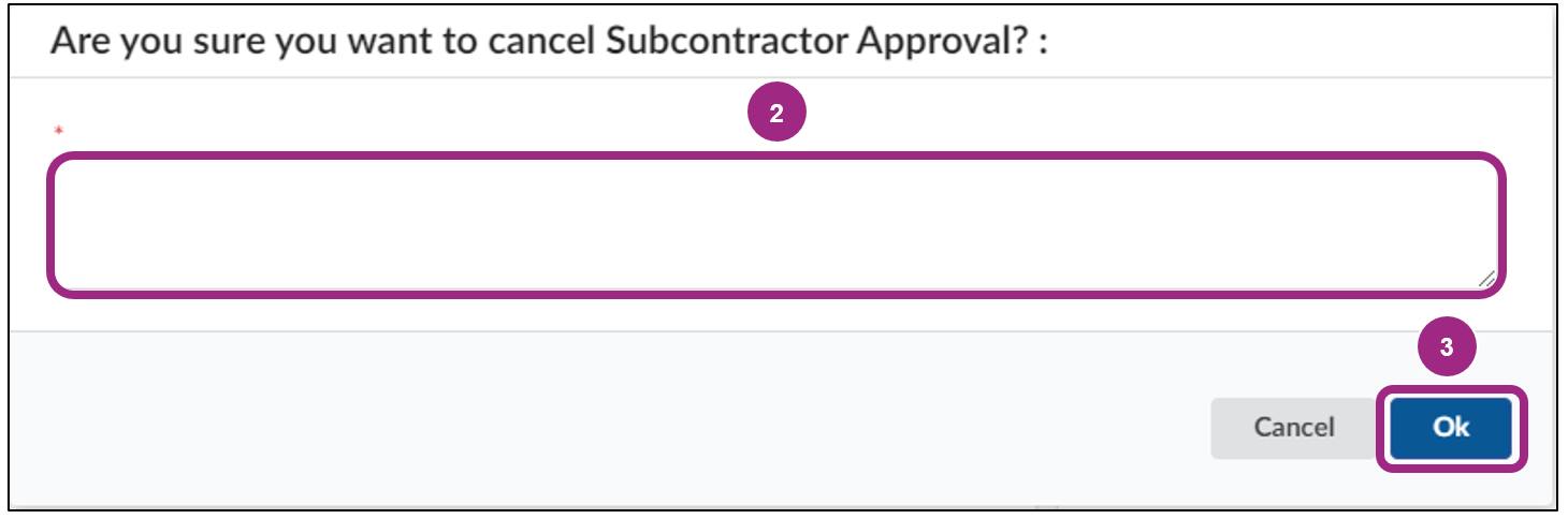 The 'Are you sure you want to cancel subcontractor approval?'' pop-up window.