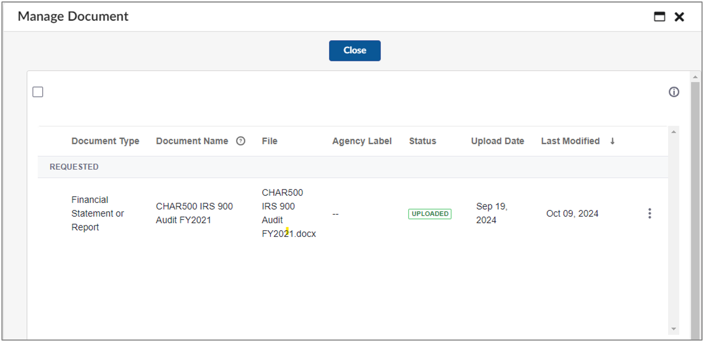 The Manage Document window shows an uploaded financial statement document.