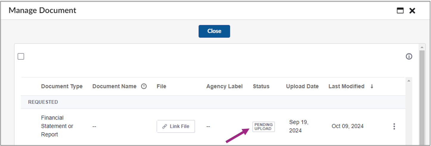 The Manage Document table shows a document is no longer listed.