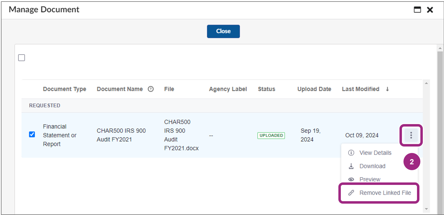 The Remove Linked File button is visible in a drop-down menu to the right of the uploaded document.