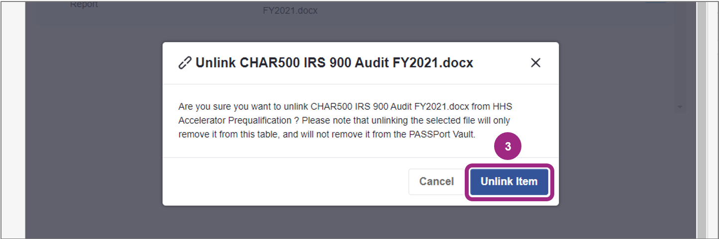 A confirmation pop-up window with a message asking users to confirm the unlink action.