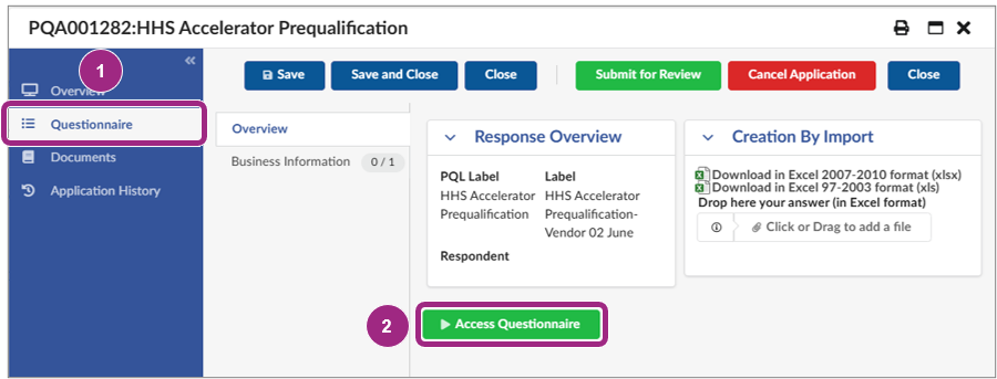 The Answer Questionnaire button is visible in the Questionnaire tab of the PQL application.