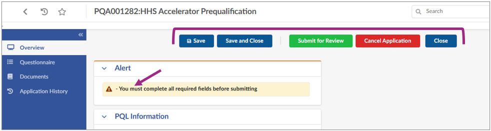 The Alerts section displays the message: You must complete all required fields before submitting.