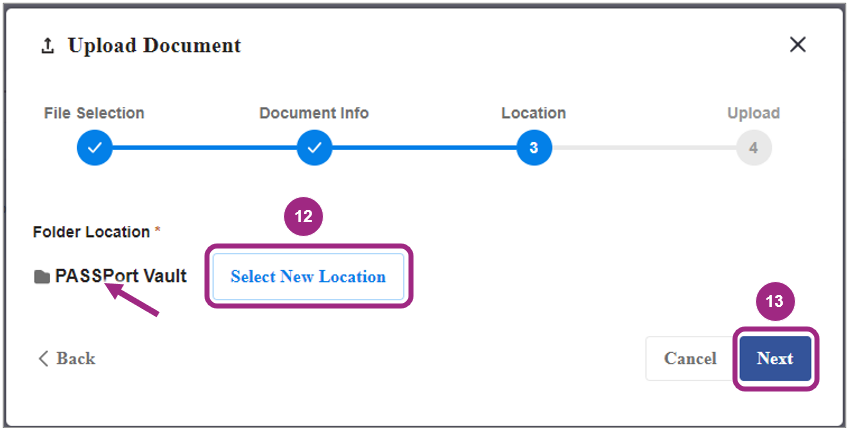 The Document Location screen.