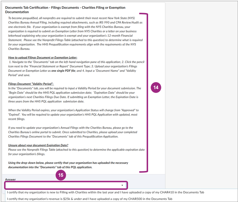 The Documents Tab Certification section of the PQL Questionnaire.