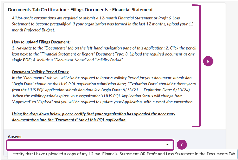 The Documents Tab Certification section of the PQL Questionnaire.