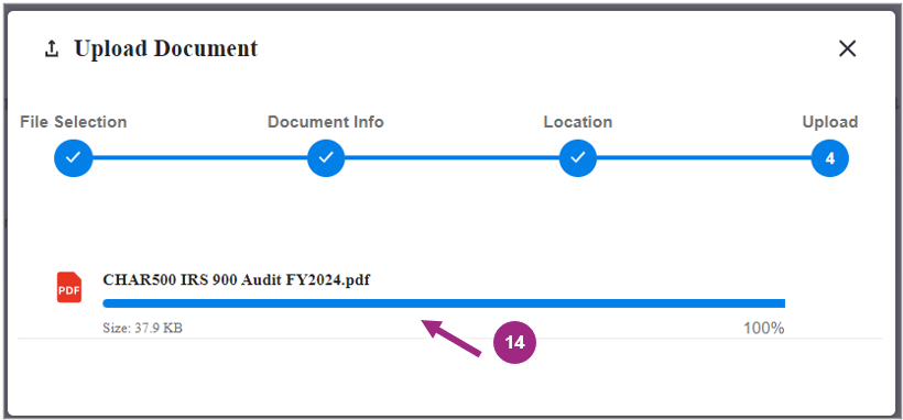 The Upload screen shows a progress bar at 100%