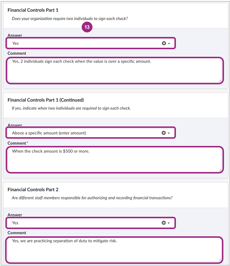 The Financial Controls section of the PQL Questionnaire.