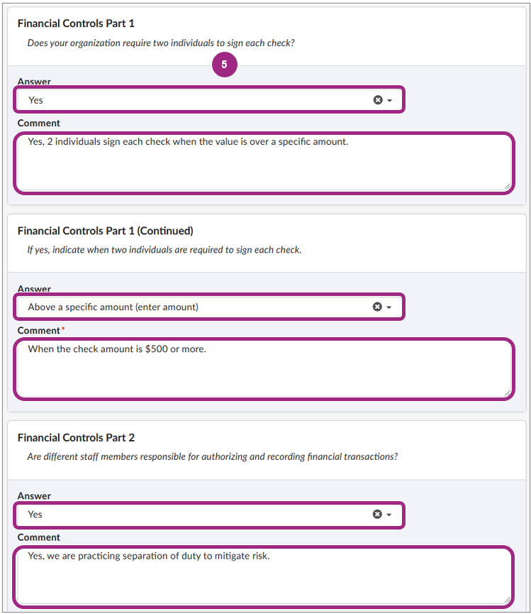The Financial Controls section of the PQL Questionnaire.