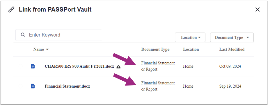The Document Type column of the documents table.