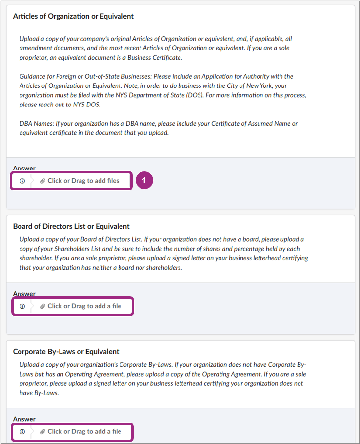 Screenshot of three questions in the PQL application requesting vendors upload business documents.