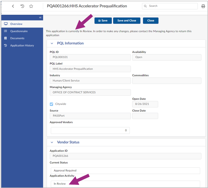 The PQL Overview tab displays a message at the top of the screen confirming the application is now In Review.