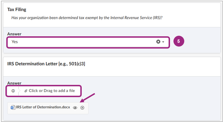 The Tax Filing and IRS Determination Letter sections of the PQL questionnaire.