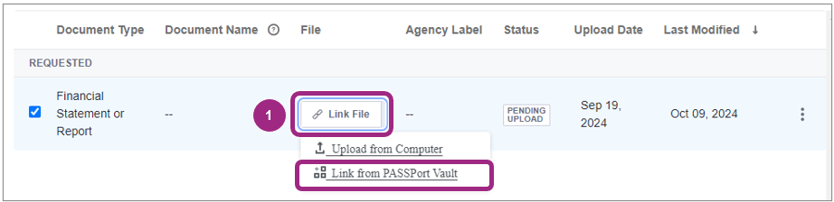 The Link from PASSPort Vault button appears in a drop-down menu.