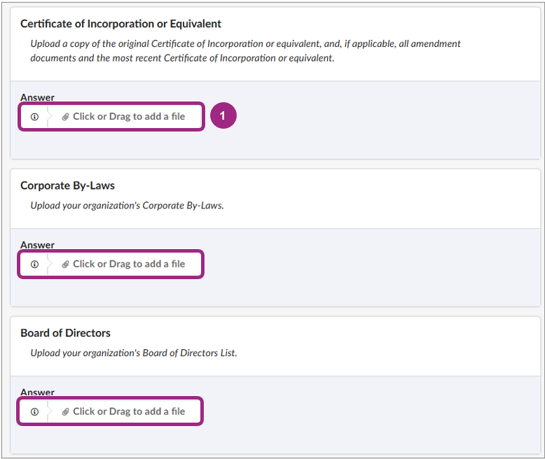 Screenshot of three questions in the PQL application requesting vendors upload business documents.