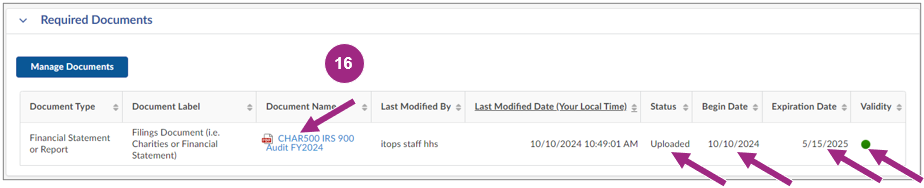 Screenshot of the Required Documents table shows a financial statement with a green validity status.