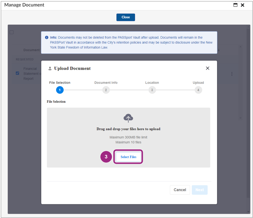 The words 'Drag and drop your files here to upload' display on the File Selection screen.
