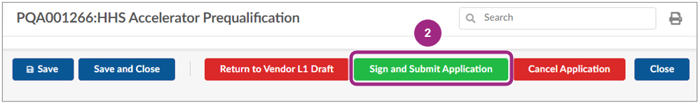 The Sign and Submit Application button near the top of the pql page.