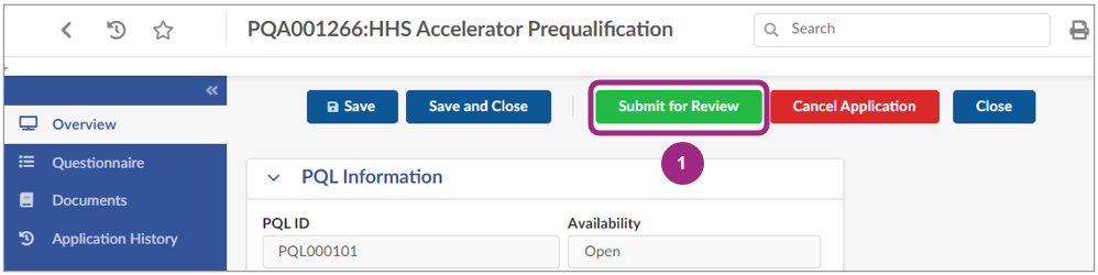 The Submit for Review button near the top of the PQL page.