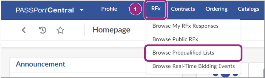 Screenshot of the top navigation menu highlighting RFx module and Browse Prequalified List in the drop-down.