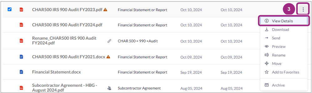 In the PASSPort Vault, View Details appears in a drop-down menu to the far right of a selected document.