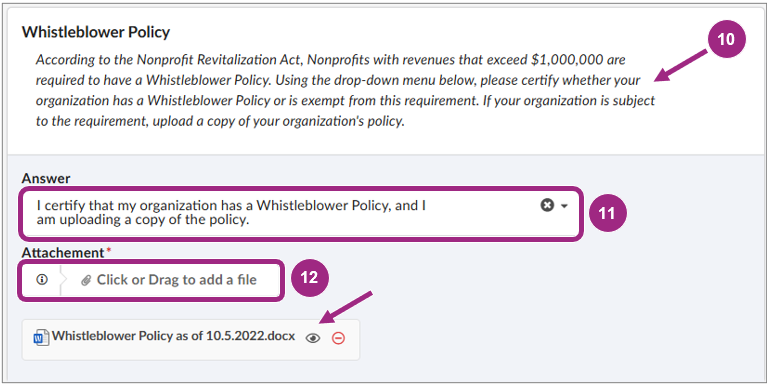 The Whistleblower Policy section of the PQL questionnaire.