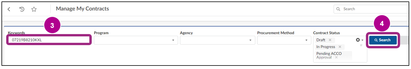 The Manage My Contracts page. A contract ID has been entered into the Keywords field.