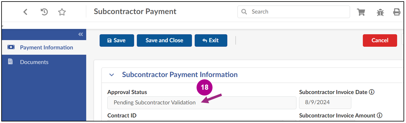 The Subcontractor Payment Approval Status displays Pending Subcontractor Validation.