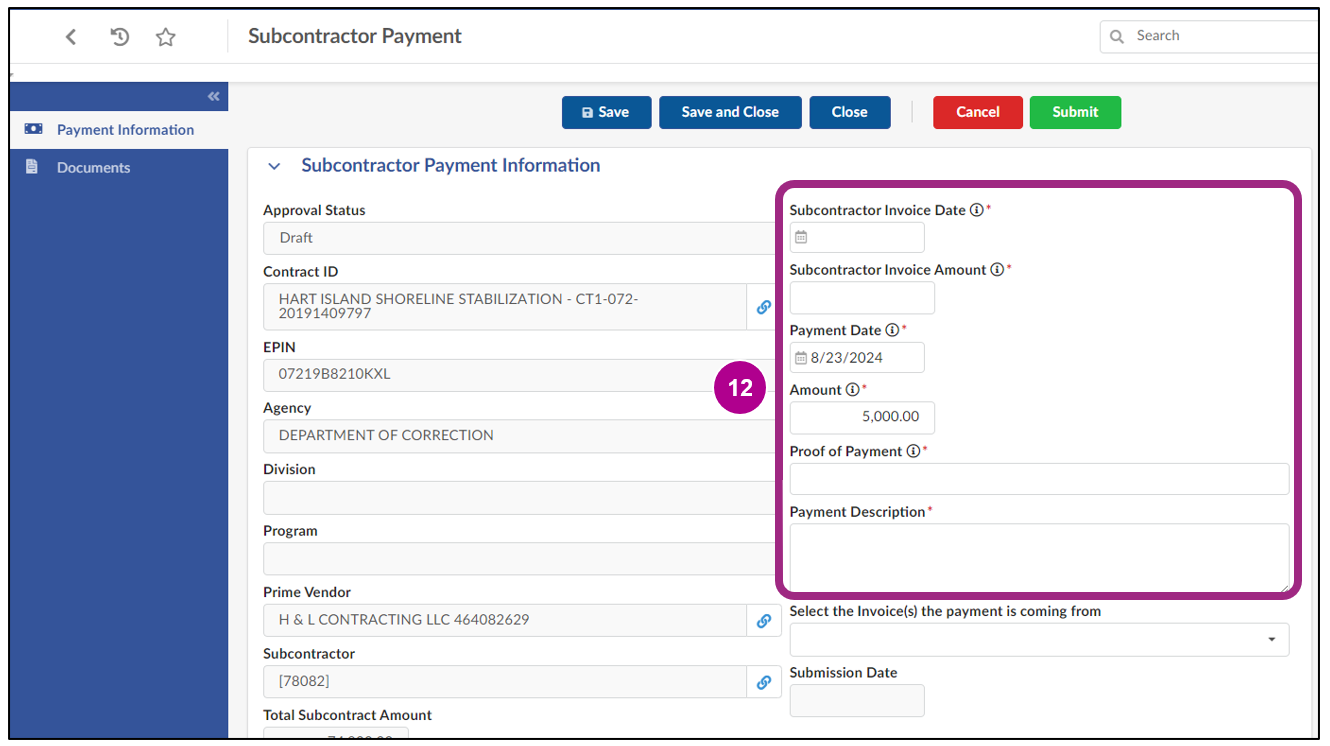 The Subcontractor Payment Information section of the Subcontractor Payment screen.