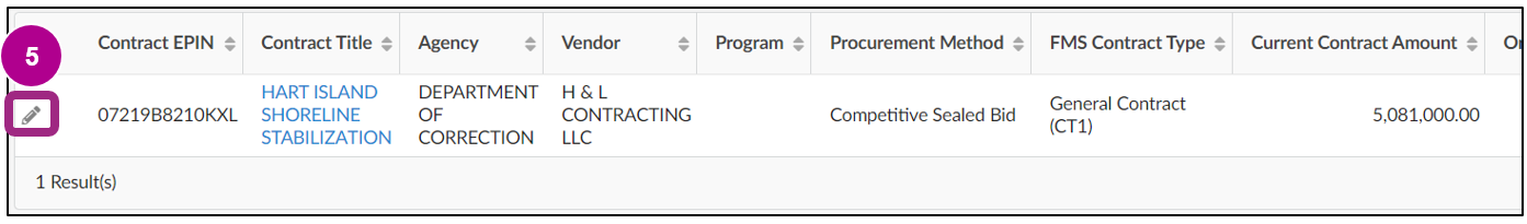 A contract is listed in the search results.