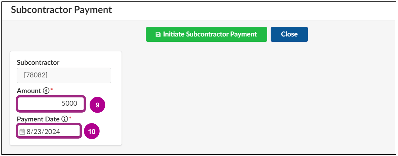The Subcontractor Payment window.
