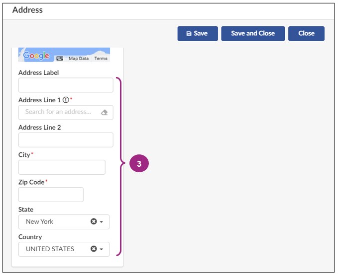 Screenshot of the Address pop-up window.