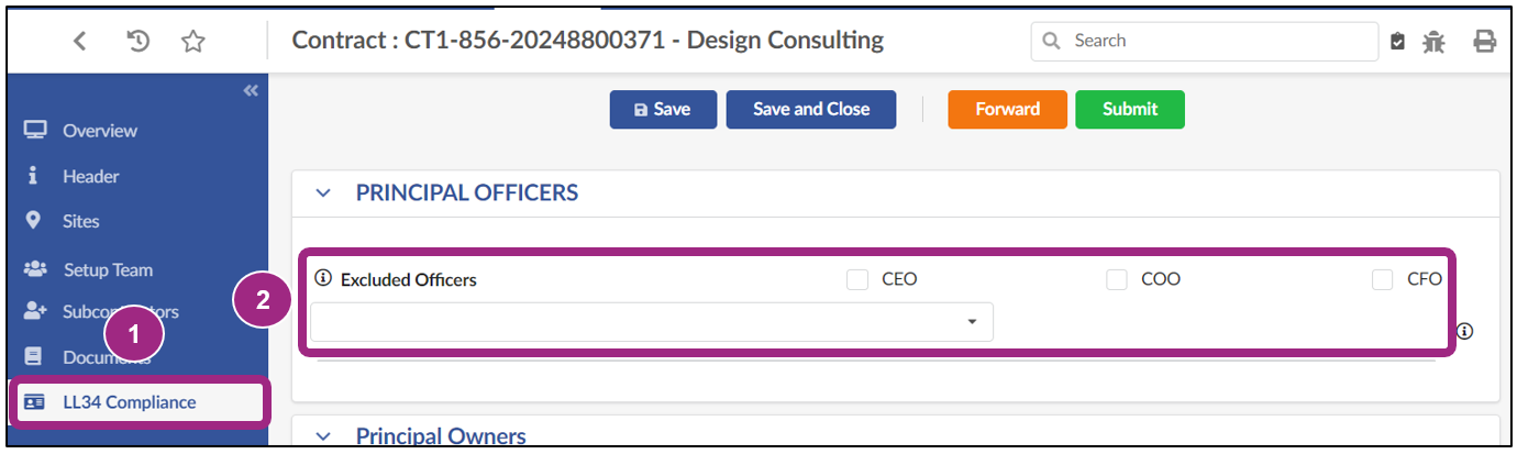 Screenshot of the Principal Officers section within the LL34 Compliance tab.