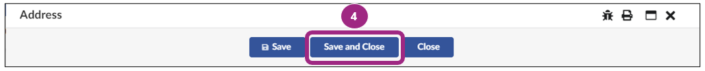 Screenshot of the Save and Close button within the Address pop-up window.