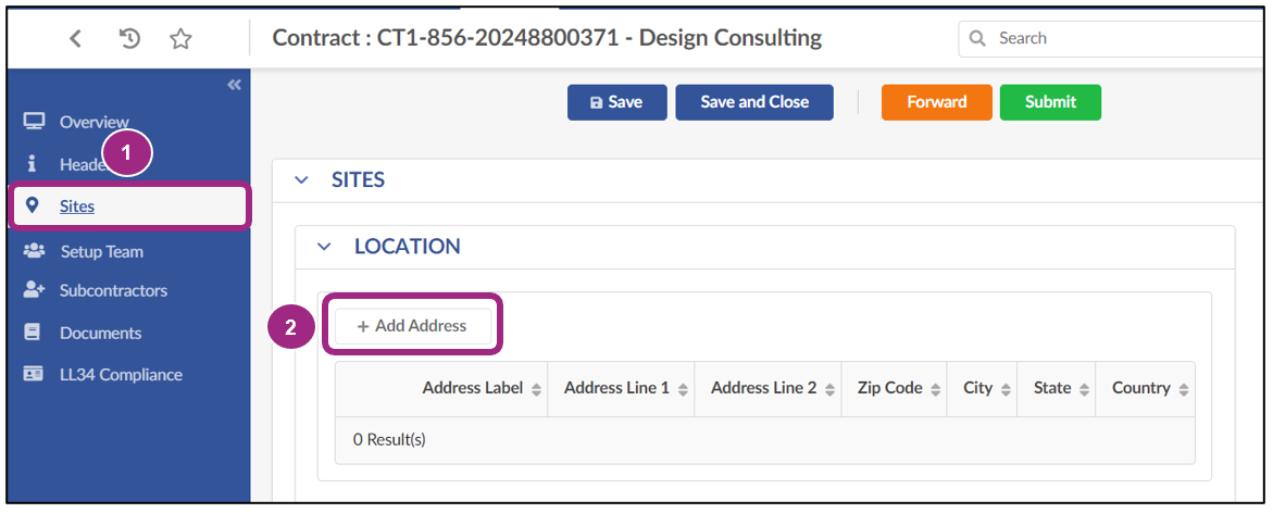 Screenshot of the Location section of the Contract's Sites tab.