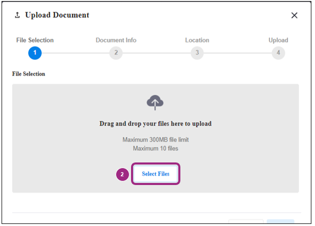 The Upload Document window showing the Select Files button.