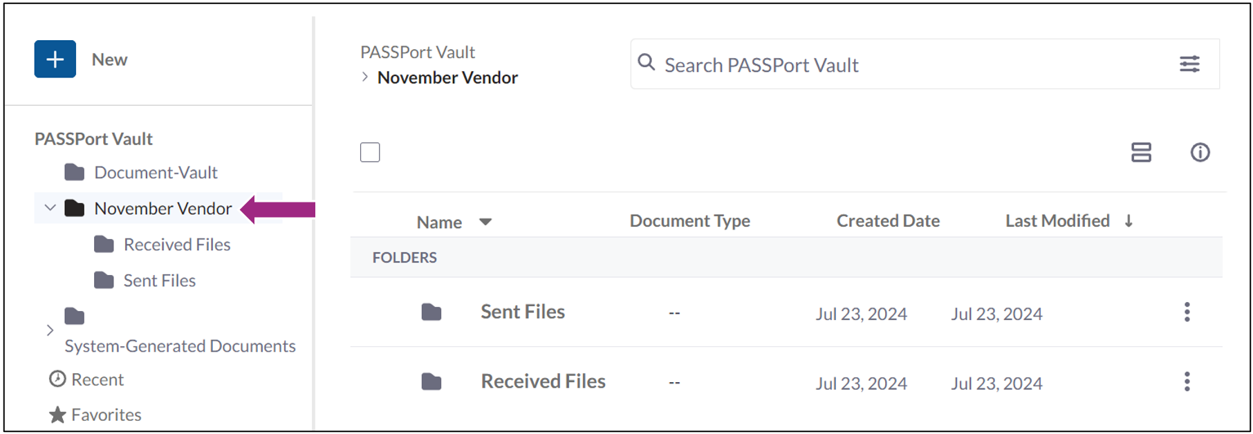 A folder labeled 'November Vendor' is visible in the Vault left navigation pane.