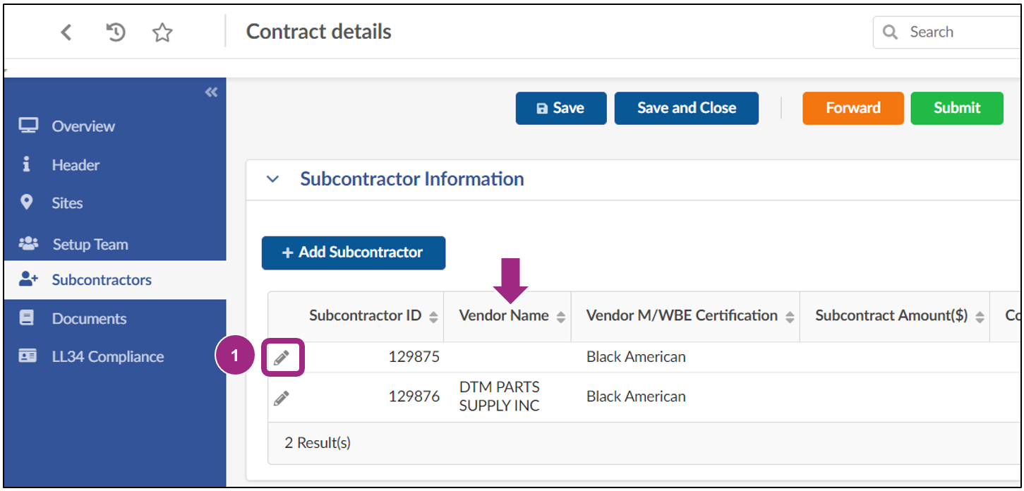 The Subcontractors tab. Of the two subcontractors listed, one displays with an empty Vendor Name field.