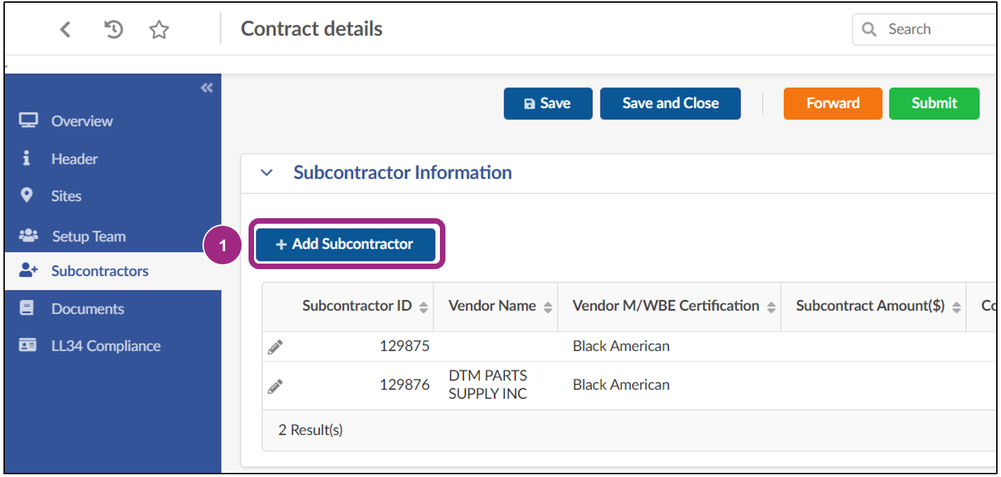 The Add Subcontractor button within the Subcontractors tab.