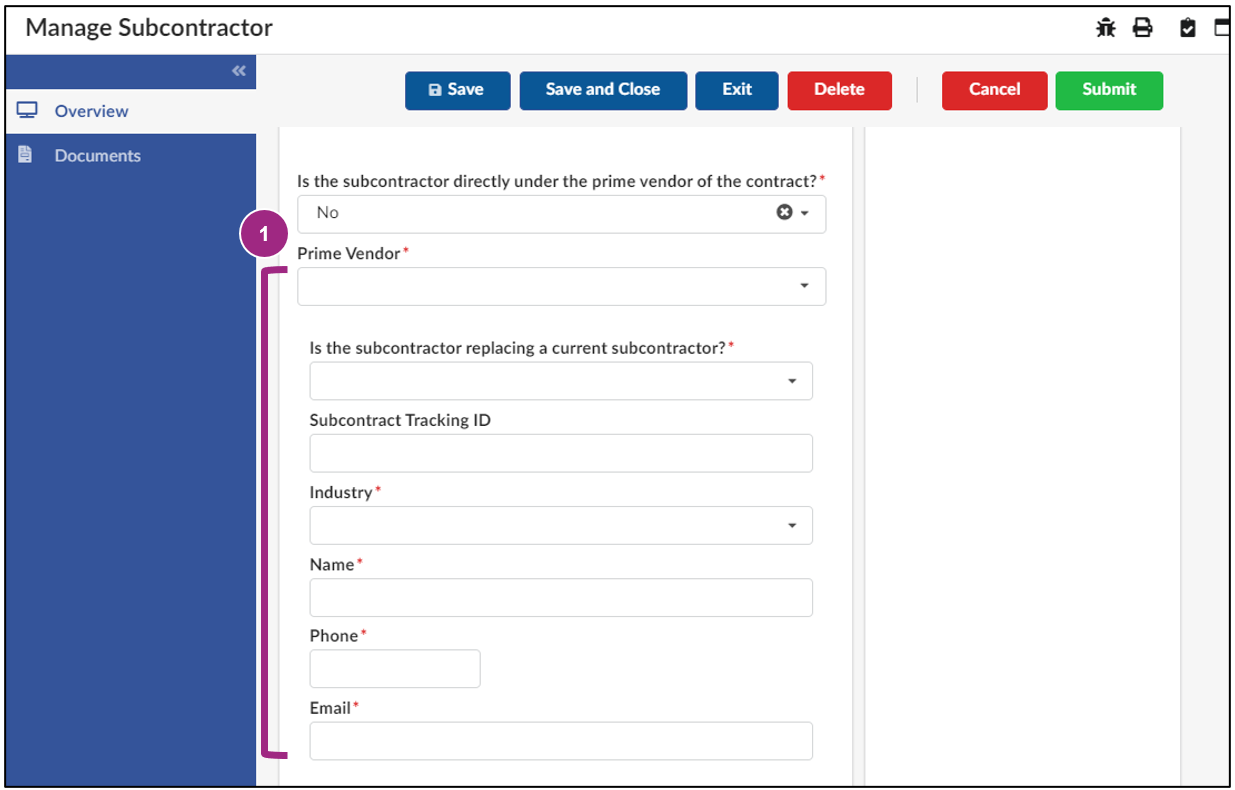 The Manage Subcontractor screen. Several required fields are visible.