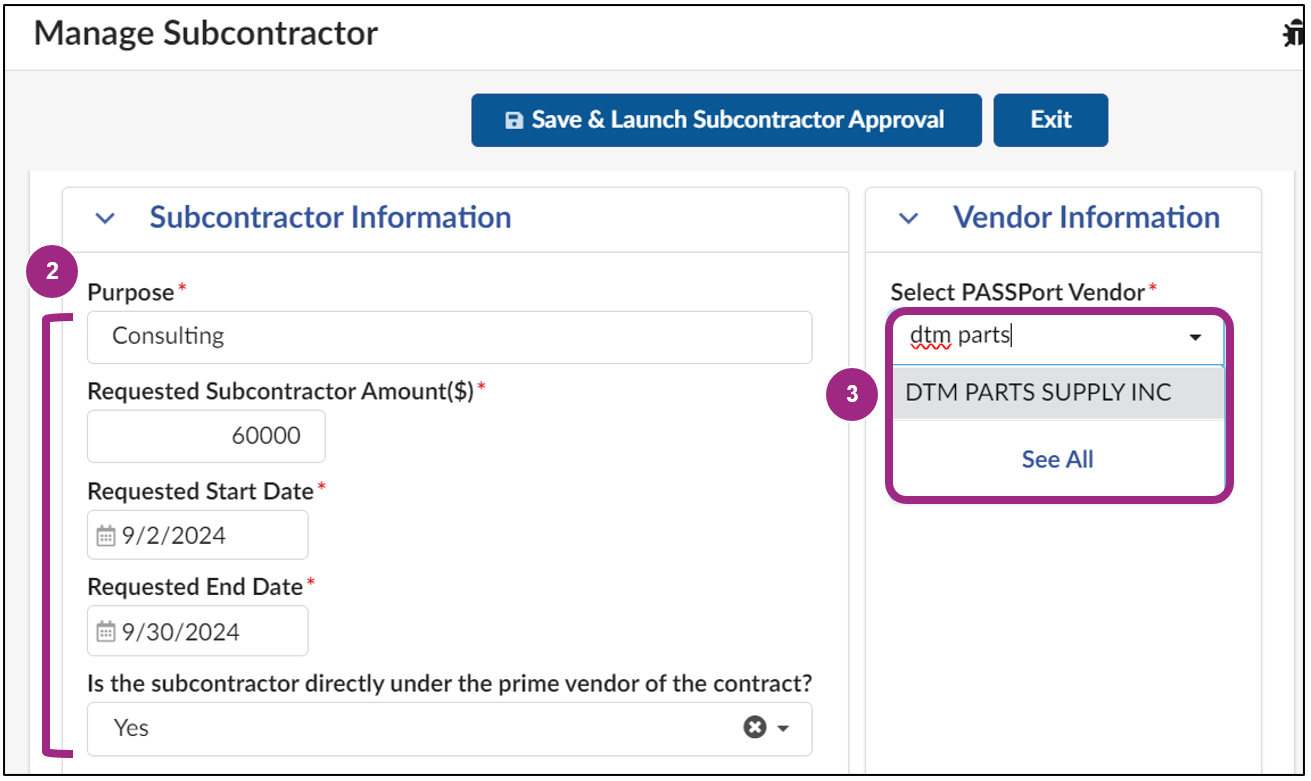 The Subcontractor Information and Vendor Information sections of the Manage Subcontractor screen.