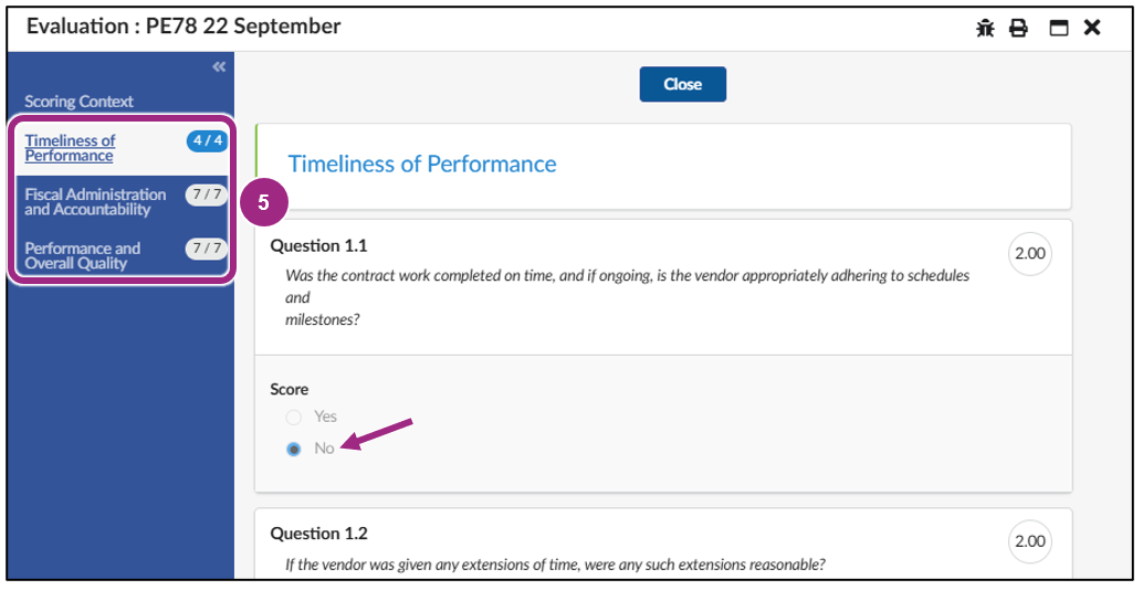 The left navigation menu includes four tabs: Scoring Context plus the three evaluation categories.