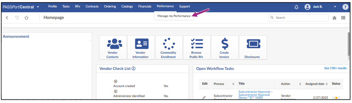 The Manage My Performance button is visible in the top navigation menu.
