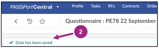 The message 'Data has been saved' appears at the top of the questionnaire page.