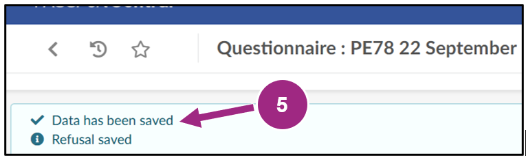 The message 'Data has been saved' appears at the top of the questionnaire page.